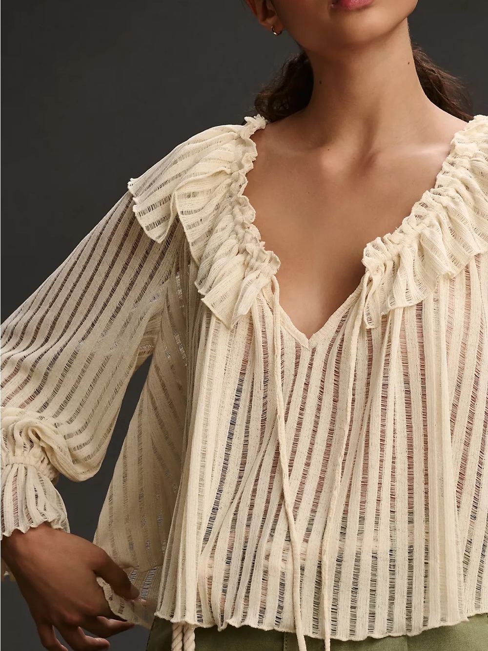 By Anthropologie Long-Sleeve Sheer Striped Crop Blouse Flare Sleeves Large